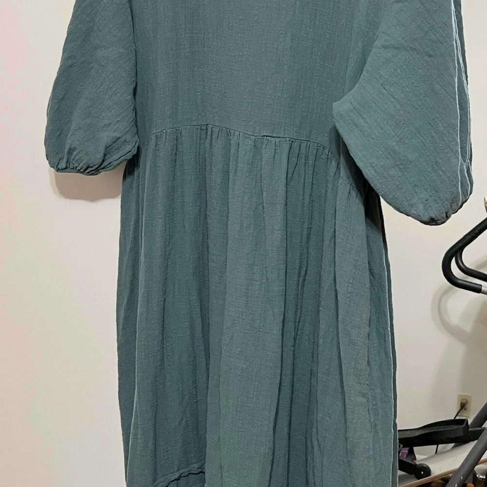 Madewell teal wrap front puff sleeve cotton dress - Picture 5 of 5